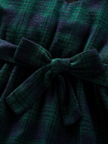 Girls Plaid Print Flounce Sleeve Belted Dress - Multicolor - View 6