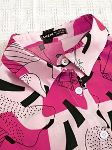 Trelyra Áo sơ mi tay ngắn in họa tiết ngẫu nhiên nhiều màu sắc dành cho nữ - Hồng - Xem 5