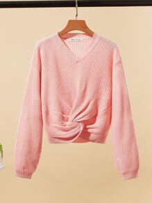 SHEIN Teen Girls Solid Twist Front Drop Shoulder Jumper - Baby Pink - View 1