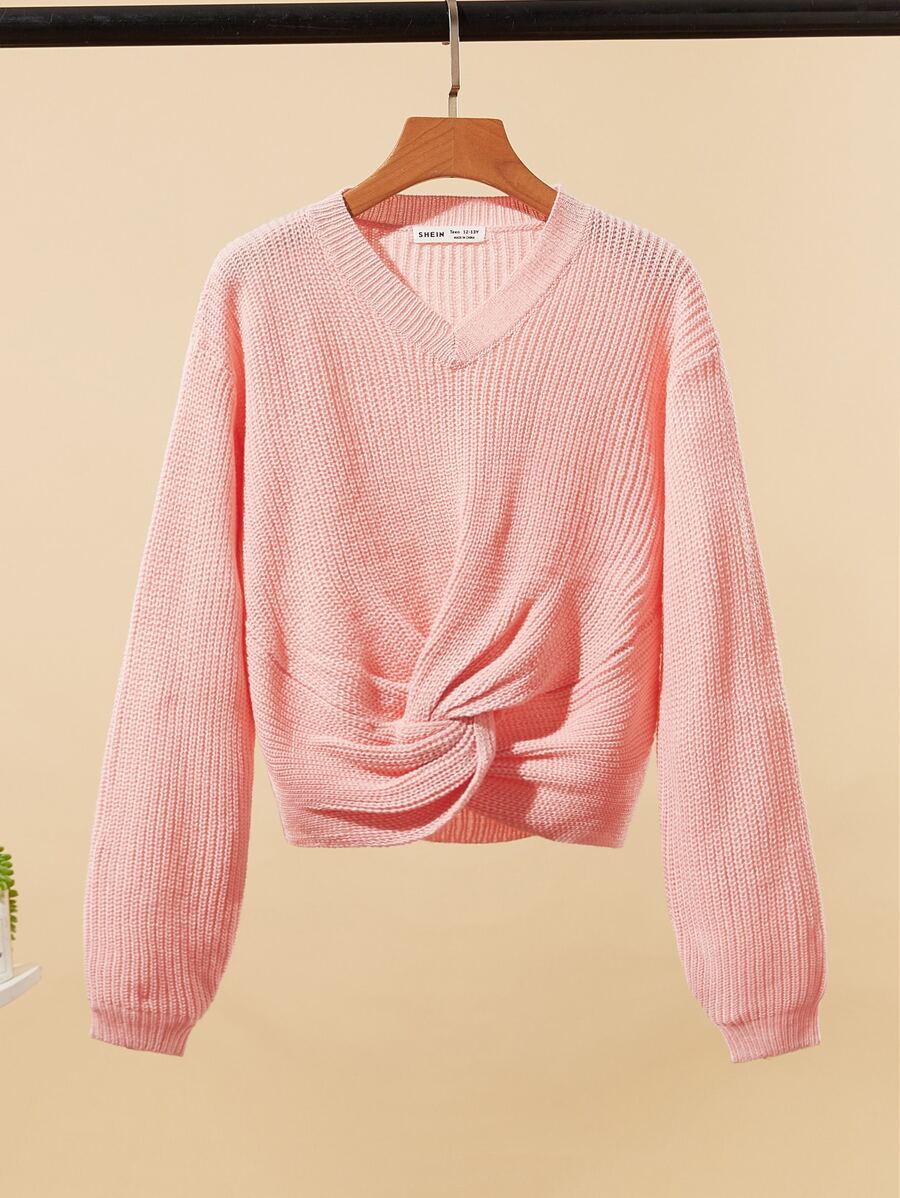 SHEIN Teen Girls Solid Twist Front Drop Shoulder Jumper - Baby Pink - View 1