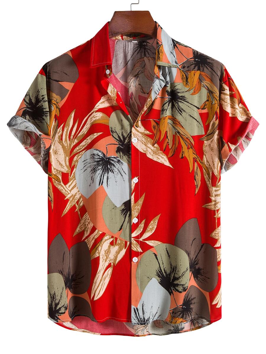 Manfinity RSRT Men Random Tropical Print Button Up Shirt - Red - View 1