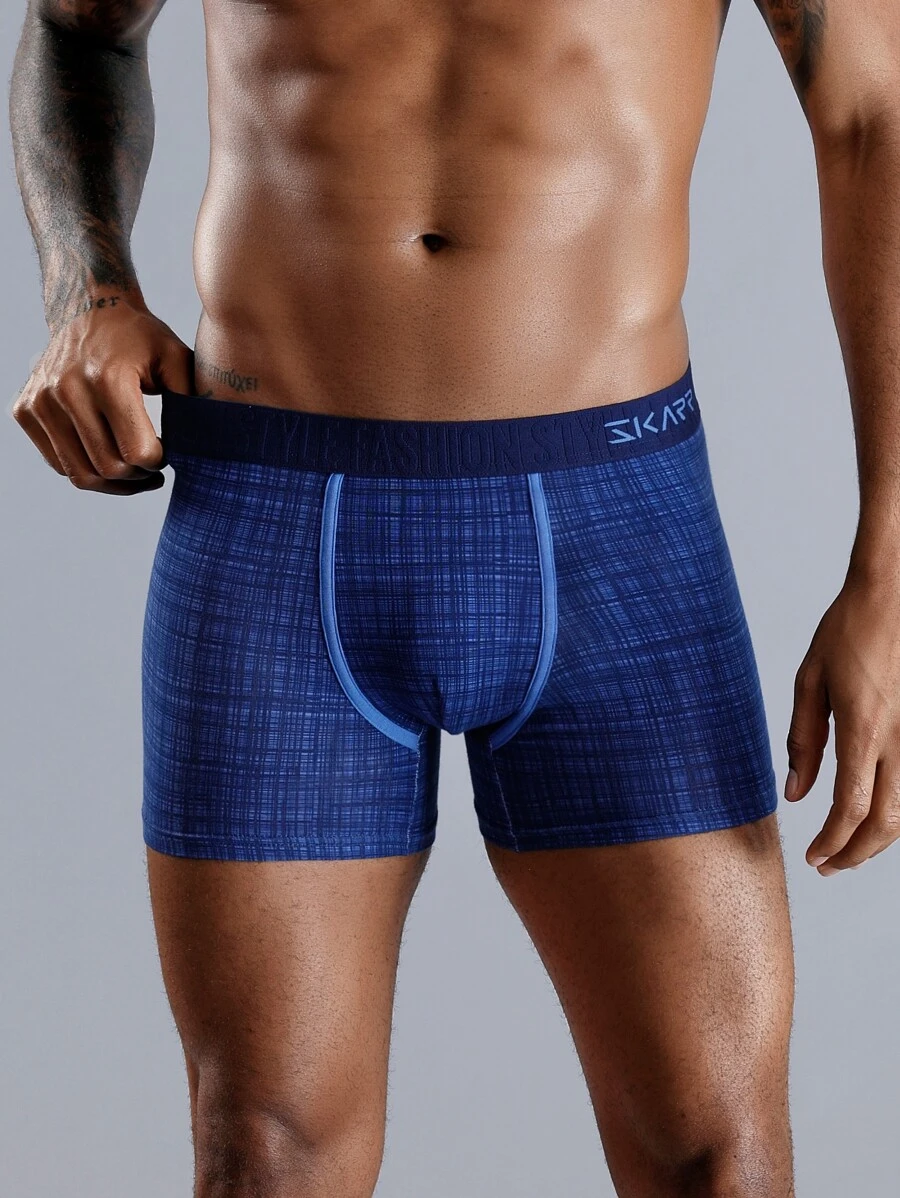 Hombres Calzoncillos boxer de cuadros en contraste con cinta con letra - Azul - Ver 1