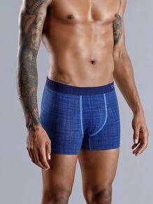 Hombres Calzoncillos boxer de cuadros en contraste con cinta con letra - Azul - Ver 3