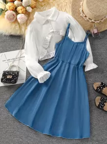 SHEIN Blusa Y Vestido Cami Con Ribete De Volantes Sólidos Para Niña Pre-adolescente - Azul y blanco - Ver 1