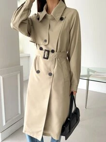 DAZY 插肩袖雙排釦腰帶風衣外套 - 卡其色 - 查看 4
