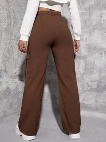 SHEIN EZwear High Waisted Flap Pocket Cargo Jeans - Chocolate Brown - View 2