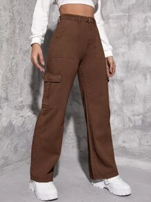 SHEIN EZwear High Waisted Flap Pocket Cargo Jeans - Chocolate Brown - View 5