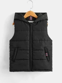 SHEIN Tween Boy Slant Pocket Zip Up Hooded Vest Coat,In Fall/Winter - Black - View 1