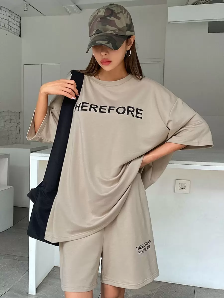 DAZY 女士字母图案落肩T恤和短裤家居服套装