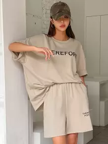 DAZY 女士字母图案落肩T恤和短裤家居服套装