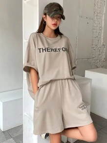 DAZY 女士字母图案落肩T恤和短裤家居服套装