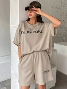 DAZY 女士字母图案落肩T恤和短裤家居服套装