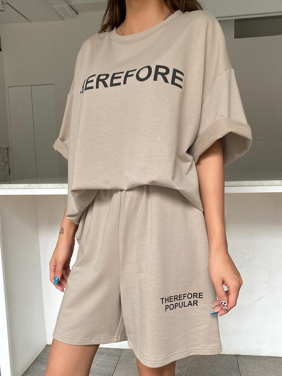 Letter Graphic Drop Shoulder Tee & Shorts Lounge Sets For Women