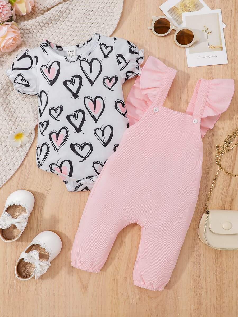 Baby Heart Print Bodysuit & Ruffle Trim Overall Jumpsuit - Multicolor - View 1