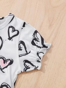 Baby Heart Print Bodysuit & Ruffle Trim Overall Jumpsuit - Multicolor - View 3