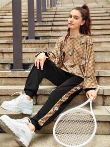 SHEIN 青少年女孩字母和花卉印花1入組連帽衫和撞色滾邊1入組衛褲 - 彩色 - 查看 1