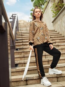 SHEIN 青少年女孩字母和花卉印花1入組連帽衫和撞色滾邊1入組衛褲 - 彩色 - 查看 4