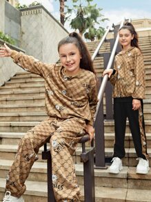 SHEIN 青少年女孩字母和花卉印花1入組連帽衫和撞色滾邊1入組衛褲 - 彩色 - 查看 5