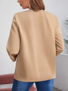 SHEIN LUNE Roll Up Sleeve Open Front Blazer - Camel - View 2
