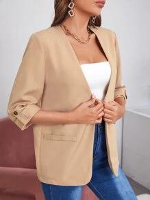 SHEIN LUNE Roll Up Sleeve Open Front Blazer - Camel - View 5