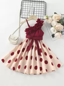 小女童波卡圓點不對稱領多層荷葉邊繫腰帶連衣裙 - 彩色 - 查看 1