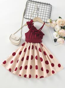 小女童波卡圓點不對稱領多層荷葉邊繫腰帶連衣裙 - 彩色 - 查看 2