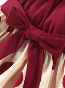 小女童波卡圓點不對稱領多層荷葉邊繫腰帶連衣裙 - 彩色 - 查看 4