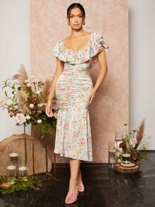 SHEIN Belle Vestido con estampado floral fruncido bajo sirena - Multicolor - Ver 4