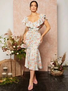 SHEIN Belle Vestido con estampado floral fruncido bajo sirena - Multicolor - Ver 5