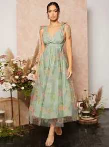 SHEIN Belle 系带肩部花卉印花网眼连衣裙优雅舞会半正式婚礼宾客礼服，适合生日、毕业典礼、返校节派对礼服 - 薄荷綠 - 查看 2