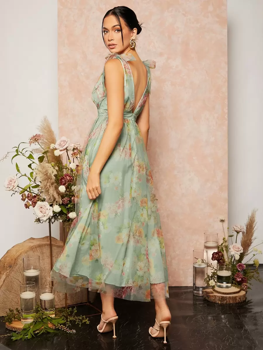 SHEIN Belle 系带肩部花卉印花网眼连衣裙优雅舞会半正式婚礼宾客礼服，适合生日、毕业典礼、返校节派对礼服 - 薄荷綠 - 查看 1