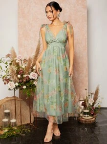 SHEIN Belle 系带肩部花卉印花网眼连衣裙优雅舞会半正式婚礼宾客礼服，适合生日、毕业典礼、返校节派对礼服 - 薄荷綠 - 查看 3