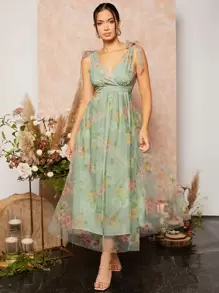 SHEIN Belle 系带肩部花卉印花网眼连衣裙优雅舞会半正式婚礼宾客礼服，适合生日、毕业典礼、返校节派对礼服 - 薄荷綠 - 查看 4