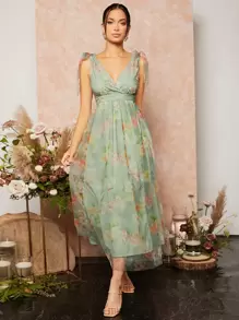 SHEIN Belle 系带肩部花卉印花网眼连衣裙优雅舞会半正式婚礼宾客礼服，适合生日、毕业典礼、返校节派对礼服 - 薄荷綠 - 查看 5