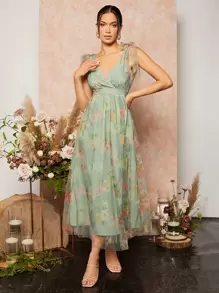 SHEIN Belle 系带肩部花卉印花网眼连衣裙优雅舞会半正式婚礼宾客礼服，适合生日、毕业典礼、返校节派对礼服 - 薄荷綠 - 查看 6