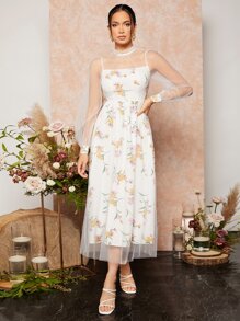 SHEIN Vestido de malla con estampado floral - Blanco - Ver 3