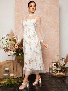 SHEIN Vestido de malla con estampado floral - Blanco - Ver 4