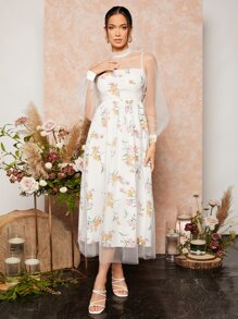 SHEIN Vestido de malla con estampado floral - Blanco - Ver 6