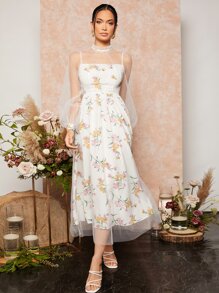 SHEIN Vestido de malla con estampado floral - Blanco - Ver 2