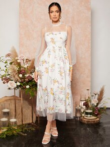 SHEIN Vestido de malla con estampado floral - Blanco - Ver 7