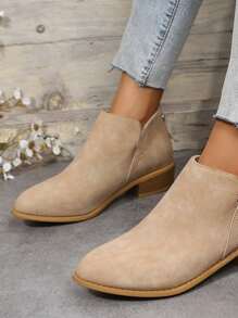 Chic Khaki Solid Color American Style Ankle Boots, Slip-on With Back Zipper - Khaki - View 5
