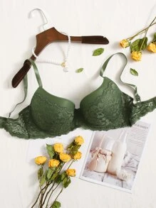 Plus Floral Lace Underwire Bra - Army Green - View 1