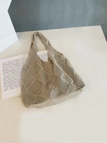 極簡風格鏤空鉤針編織袋 - 杏色 - 查看 2