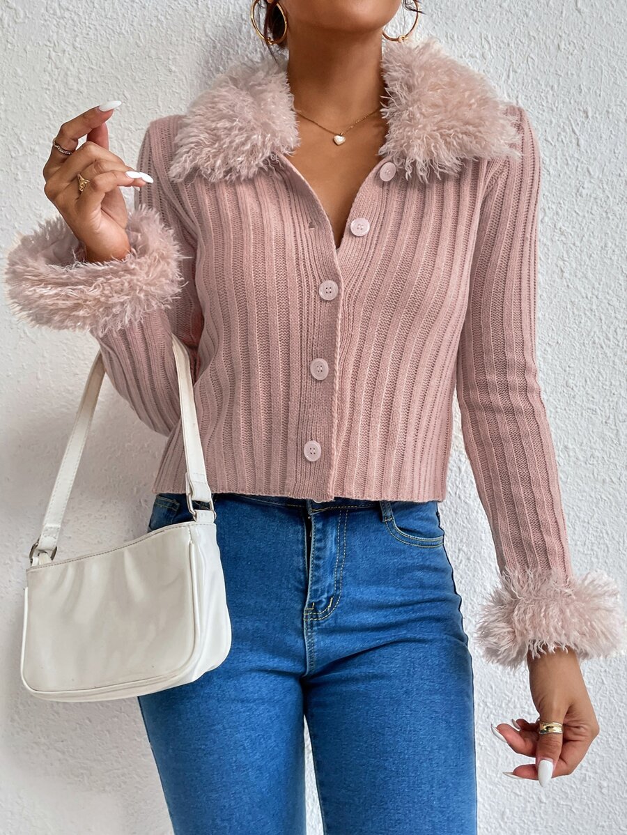 Borg Collar Ribbed Knit Cardigan - Dusty Pink - View 1