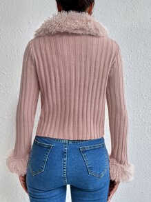 Borg Collar Ribbed Knit Cardigan - Dusty Pink - View 2