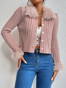 Borg Collar Ribbed Knit Cardigan - Dusty Pink - View 3
