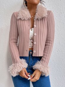 Borg Collar Ribbed Knit Cardigan - Dusty Pink - View 4