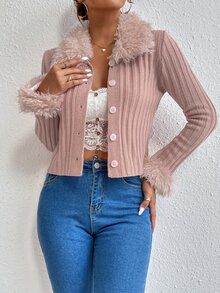 Borg Collar Ribbed Knit Cardigan - Dusty Pink - View 5