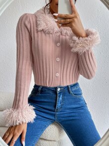 Borg Collar Ribbed Knit Cardigan - Dusty Pink - View 6