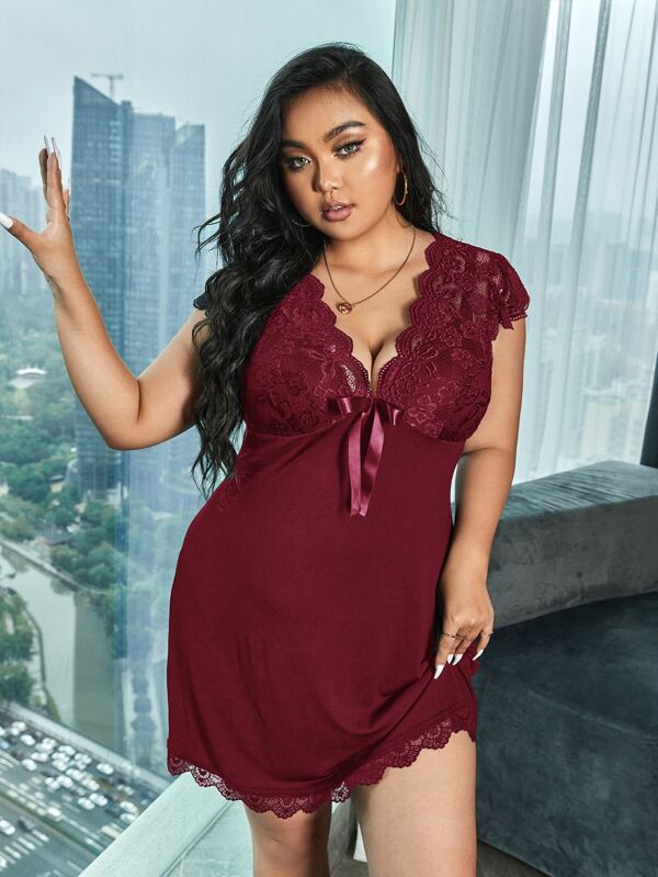Plus Contrast Lace Bow Front Pajama Nightdress, Vacation